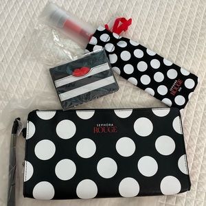 Sephora Rouge make up pouch, brush (new), and card wallet